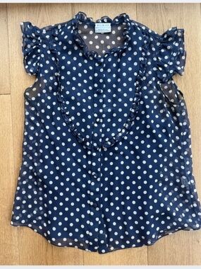 Vintage Bill Blass Bergdorf Goodman Navy Polka Dot Ruffle Top Sz 10